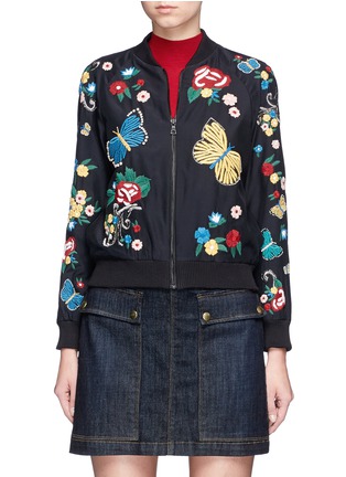 Main View - Click To Enlarge - ALICE & OLIVIA - 'Felisa' floral and butterfly embroidered silk bomber jacket