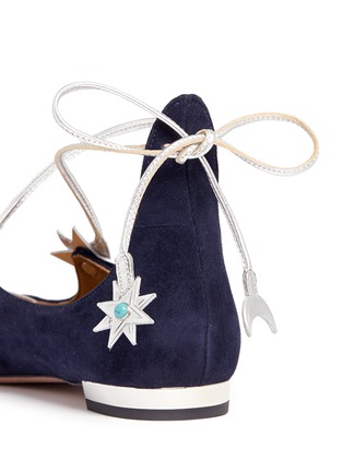 Detail View - Click To Enlarge - AQUAZZURA - x Poppy Delevingne 'Midnight' metallic star suede lace-up flats