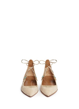 Front View - Click To Enlarge - AQUAZZURA - x Poppy Delevingne 'Midnight' metallic star suede lace-up flats