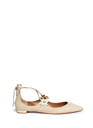 Main View - Click To Enlarge - AQUAZZURA - x Poppy Delevingne 'Midnight' metallic star suede lace-up flats