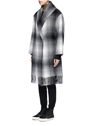 Detail View - Click To Enlarge - T BY ALEXANDER WANG - Fringed hem plaid wool blend coat