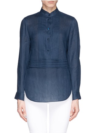 Main View - Click To Enlarge - ARMANI COLLEZIONI - Pleat bib linen broadcloth blouse