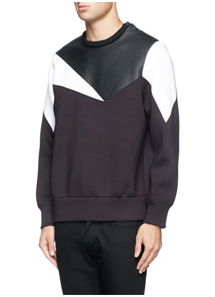 Front View - Click To Enlarge - NEIL BARRETT - Geometric leather panel bonded jersey sweatshirt