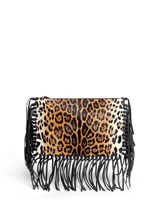 Main View - Click To Enlarge - VALENTINO GARAVANI - Leopard print pony hair fringe clutch