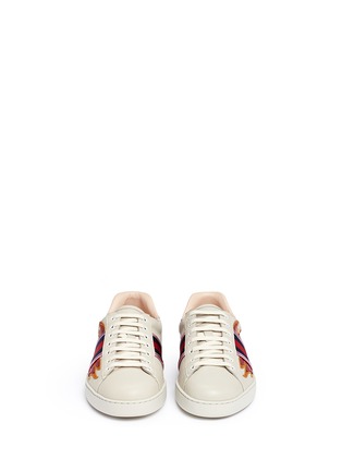 Front View - Click To Enlarge - GUCCI - 'Flames' appliqué web stripe leather sneakers