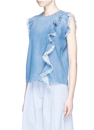 Front View - Click To Enlarge - CLOSED - Fringed ruffle sleeveless denim top