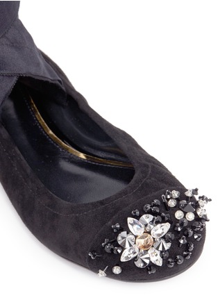 Detail View - Click To Enlarge - LANVIN - Strass floral suede ankle tie ballerina flats