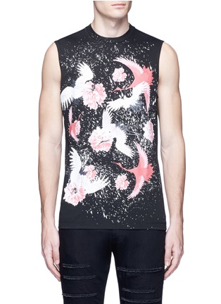 Main View - Click To Enlarge - 71465 - Floral crane print sleeveless T-shrit