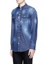 Front View - Click To Enlarge - 71465 - Mandarin toggle distressed denim shirt