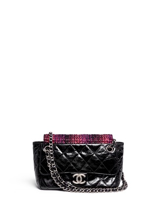 Main View - Click To Enlarge - VINTAGE CHANEL - Tweed flap quilted leather shoulder bag