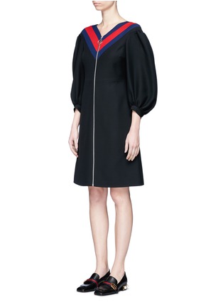Front View - Click To Enlarge - GUCCI - Web trim puff sleeve wool-silk zip dress