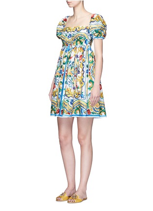 Figure View - Click To Enlarge - - - Puff sleeve maiolica print poplin dress