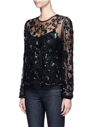 Front View - Click To Enlarge - NEEDLE & THREAD - Butterfly and floral embellished tulle blouse