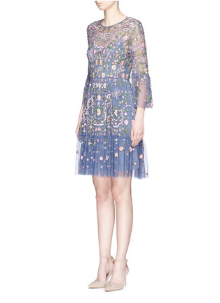 Front View - Click To Enlarge - NEEDLE & THREAD - 'Dragonfly Garden' floral embroidered tulle dress