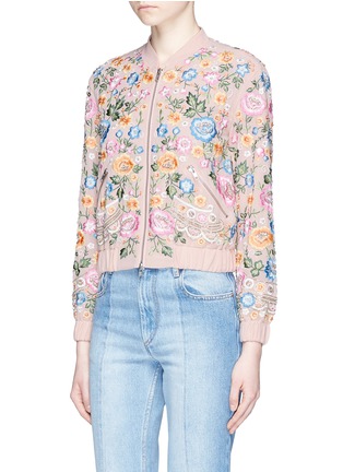 Front View - Click To Enlarge - NEEDLE & THREAD - 'Lace Foliage' beaded floral embroidered bomber jacket