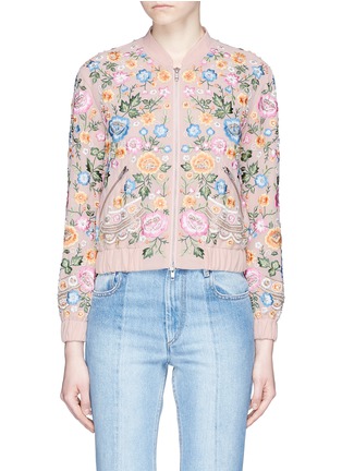 Main View - Click To Enlarge - NEEDLE & THREAD - 'Lace Foliage' beaded floral embroidered bomber jacket
