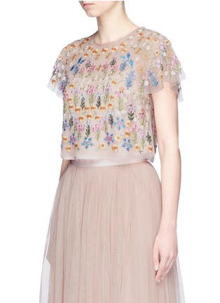 Front View - Click To Enlarge - NEEDLE & THREAD - 'Flowerbed' embroidered tulle cropped top