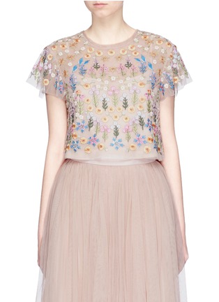 Main View - Click To Enlarge - NEEDLE & THREAD - 'Flowerbed' embroidered tulle cropped top
