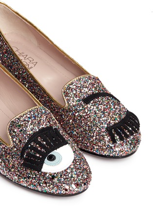 Detail View - Click To Enlarge - CHIARA FERRAGNI - 'Flirting Eye' leather embroidery glitter slip-ons