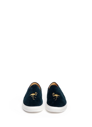 Front View - Click To Enlarge - BING XU - 'TriBeCa+' flamingo embroidered velvet skate slip-ons