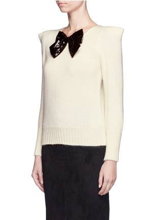 Front View - Click To Enlarge - SAINT LAURENT - Sequin bow appliqué peaked shoulder sweater