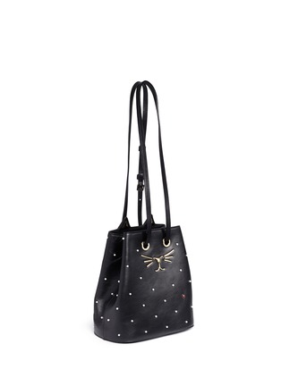 Detail View - Click To Enlarge - CHARLOTTE OLYMPIA - 'Feline' pearl and ladybug embellished leather bucket bag
