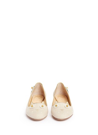 Front View - Click To Enlarge - CHARLOTTE OLYMPIA - 'Floral Kitty' honeybee embroidered linen flats