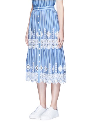 Front View - Click To Enlarge - MIGUELINA - 'Carolina' cutwork embroidery stripe midi skirt