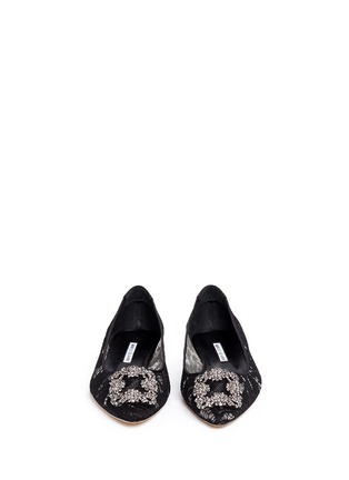Front View - Click To Enlarge - MANOLO BLAHNIK - 'Hangisi' crystal brooch lace skimmer flats