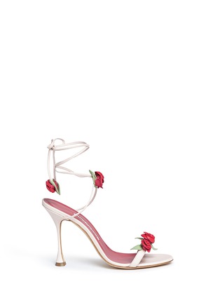 Main View - Click To Enlarge - MANOLO BLAHNIK - 'Xafiore' rose appliqué leather tie sandals
