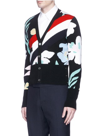 Front View - Click To Enlarge - THOM BROWNE  - Floral stripe intarsia cashmere cardigan