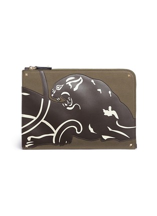 Main View - Click To Enlarge - VALENTINO GARAVANI - 'Rockstud' panther patch canvas document case