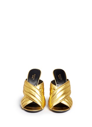Front View - Click To Enlarge - GUCCI - Webby' ribbed crisscross metallic leather mule sandals