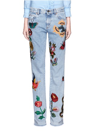 Detail View - Click To Enlarge - GUCCI - Tropical embroidery flared cotton jeans