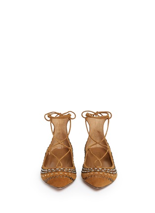 Front View - Click To Enlarge - AQUAZZURA - 'Christy Folk' stitched lace-up suede flats