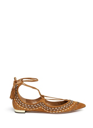 Main View - Click To Enlarge - AQUAZZURA - 'Christy Folk' stitched lace-up suede flats