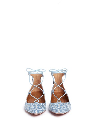 Front View - Click To Enlarge - AQUAZZURA - 'Christy' geometric embroidered denim lace-up flats
