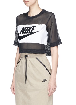 Front View - Click To Enlarge - NIKE - Swoosh logo patch mesh cropped T-shirt