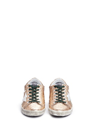 Front View - Click To Enlarge - GOLDEN GOOSE - 'Superstar' leather star patch glitter wedge sneakers