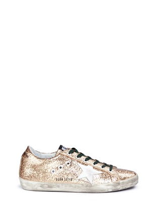 Main View - Click To Enlarge - GOLDEN GOOSE - 'Superstar' leather star patch glitter wedge sneakers