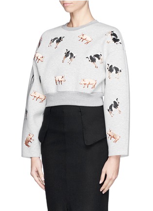 Front View - Click To Enlarge - CHICTOPIA - Cow and pig embroidery cropped sweatshirt