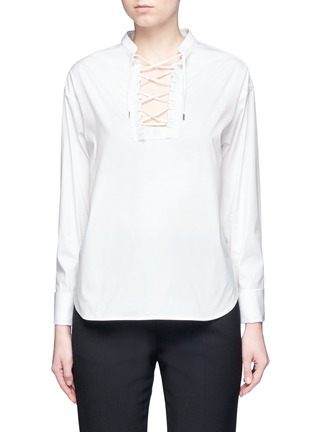 Main View - Click To Enlarge - NEIL BARRETT - Ruffle trim lace-up poplin shirt