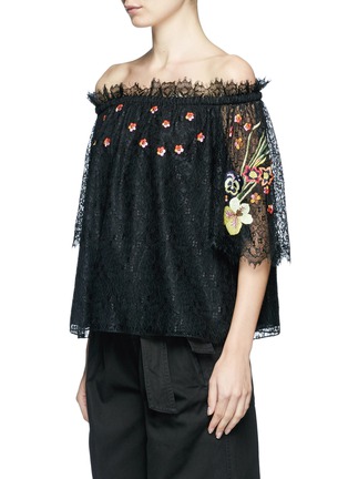 Front View - Click To Enlarge - 68244 - 'Leo' floral embroidered guipure lace off-shoulder blouse