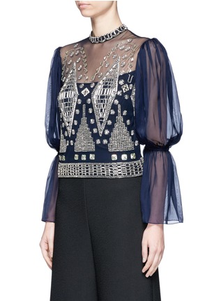 Front View - Click To Enlarge - 68244 - Lantern sleeve beaded sheer mesh blouse