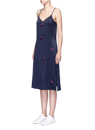 Front View - Click To Enlarge - TRADEMARK - Embroidered floral silk satin slip dress