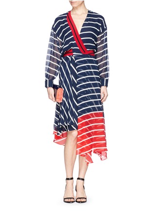 Detail View - Click To Enlarge - PREEN BY THORNTON BREGAZZI - 'Flintoff' rib trim stripe silk faux wrap dress