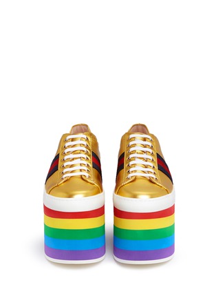 Front View - Click To Enlarge - GUCCI - 'Peggy' rainbow stripe metallic leather platform sneakers