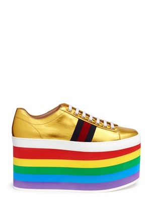 Main View - Click To Enlarge - GUCCI - 'Peggy' rainbow stripe metallic leather platform sneakers