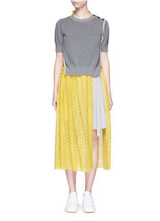 Main View - Click To Enlarge - SACAI - Sweater overlay eyelet lace pleated dress