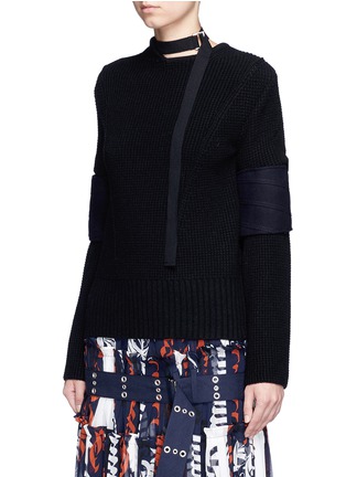 Front View - Click To Enlarge - SACAI - Patch sleeve belted neck wool sweater